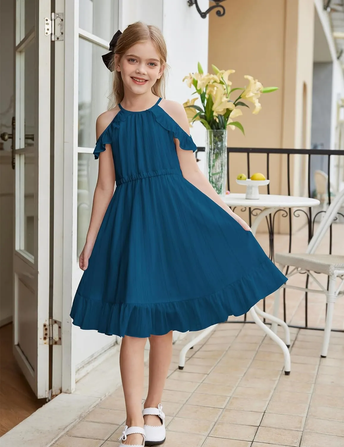 Arshiner Girls Summer Dress Casual Halter Neck Cold Shoulder Sundress