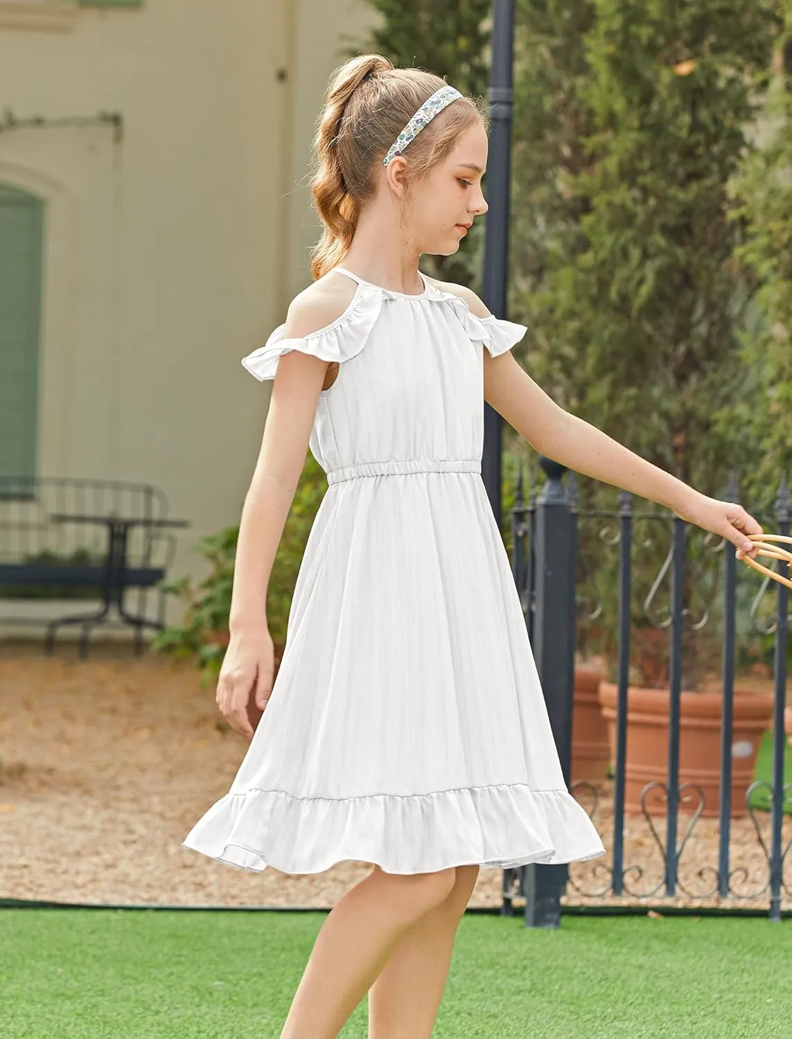 Arshiner Girls Summer Dress Casual Halter Neck Cold Shoulder Sundress