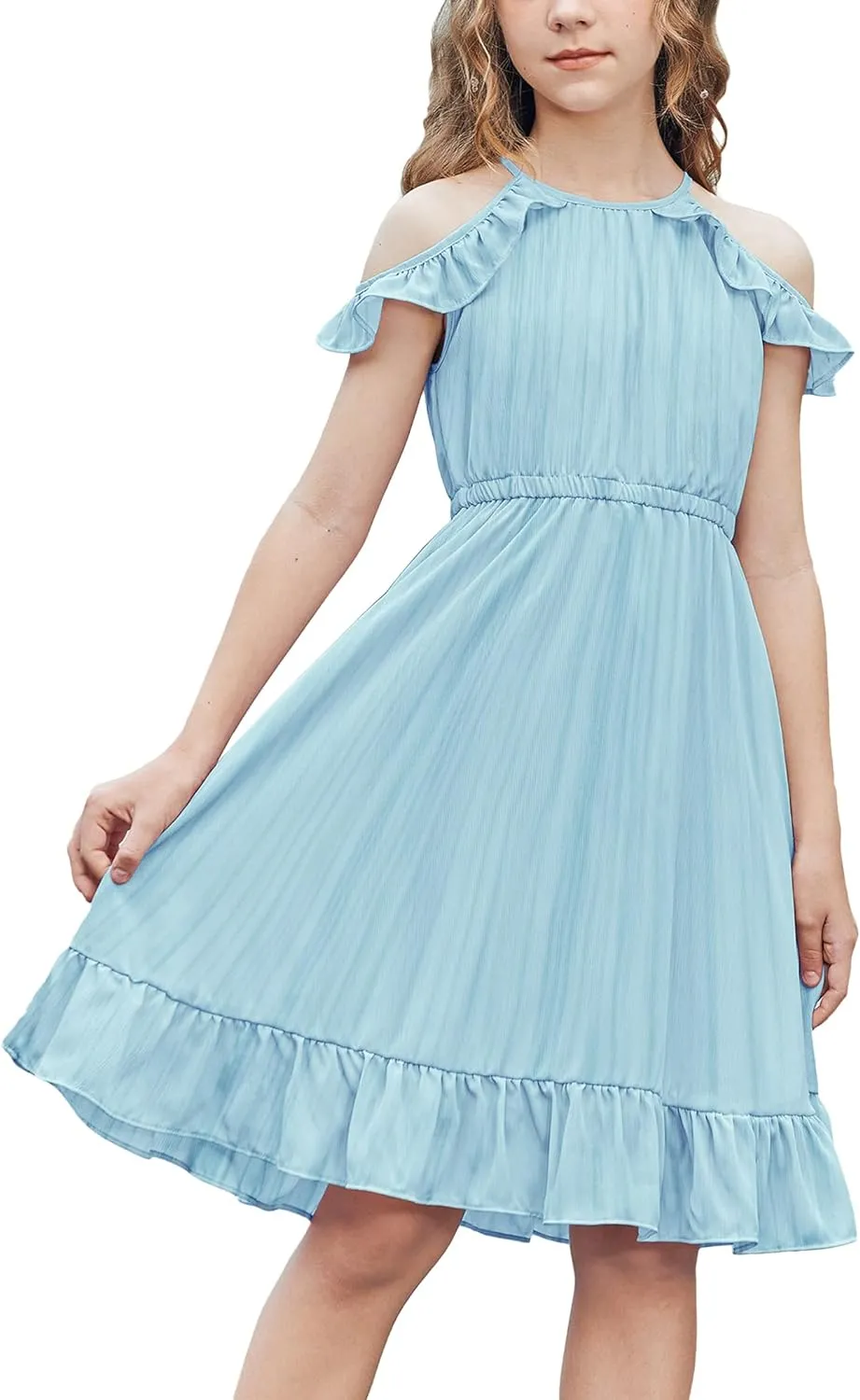 Arshiner Girls Summer Dress Casual Halter Neck Cold Shoulder Sundress