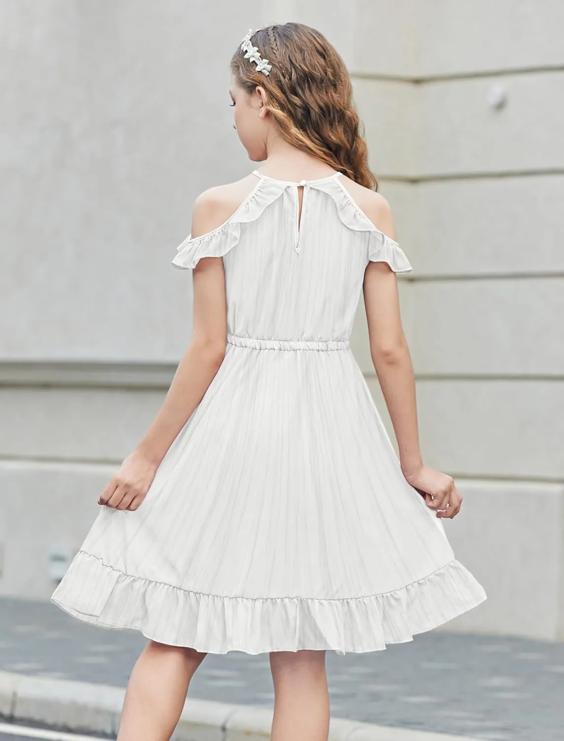 Arshiner Girls Summer Dress Casual Halter Neck Cold Shoulder Sundress