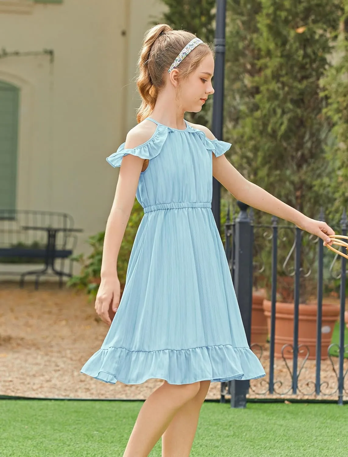Arshiner Girls Summer Dress Casual Halter Neck Cold Shoulder Sundress