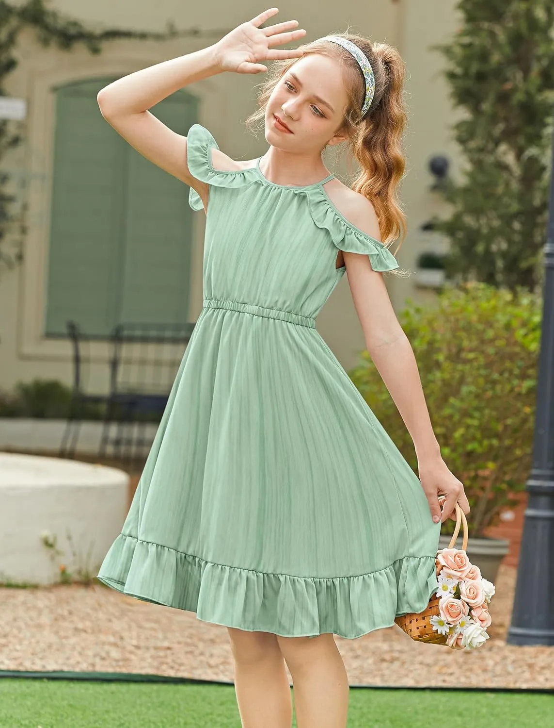 Arshiner Girls Summer Dress Casual Halter Neck Cold Shoulder Sundress