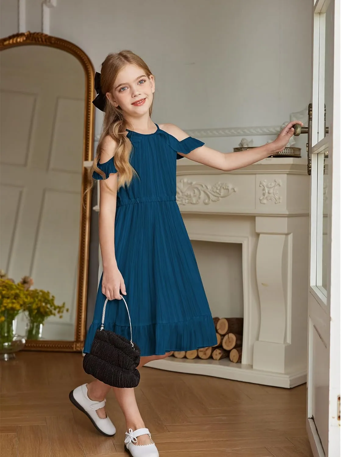Arshiner Girls Summer Dress Casual Halter Neck Cold Shoulder Sundress