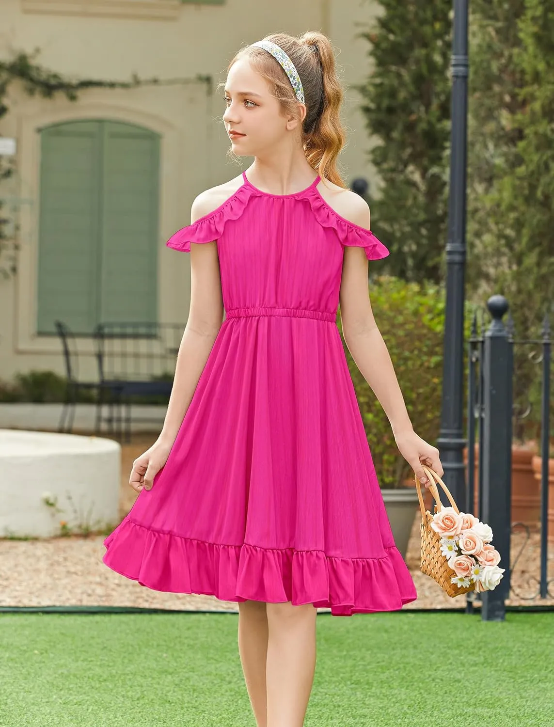 Arshiner Girls Summer Dress Casual Halter Neck Cold Shoulder Sundress