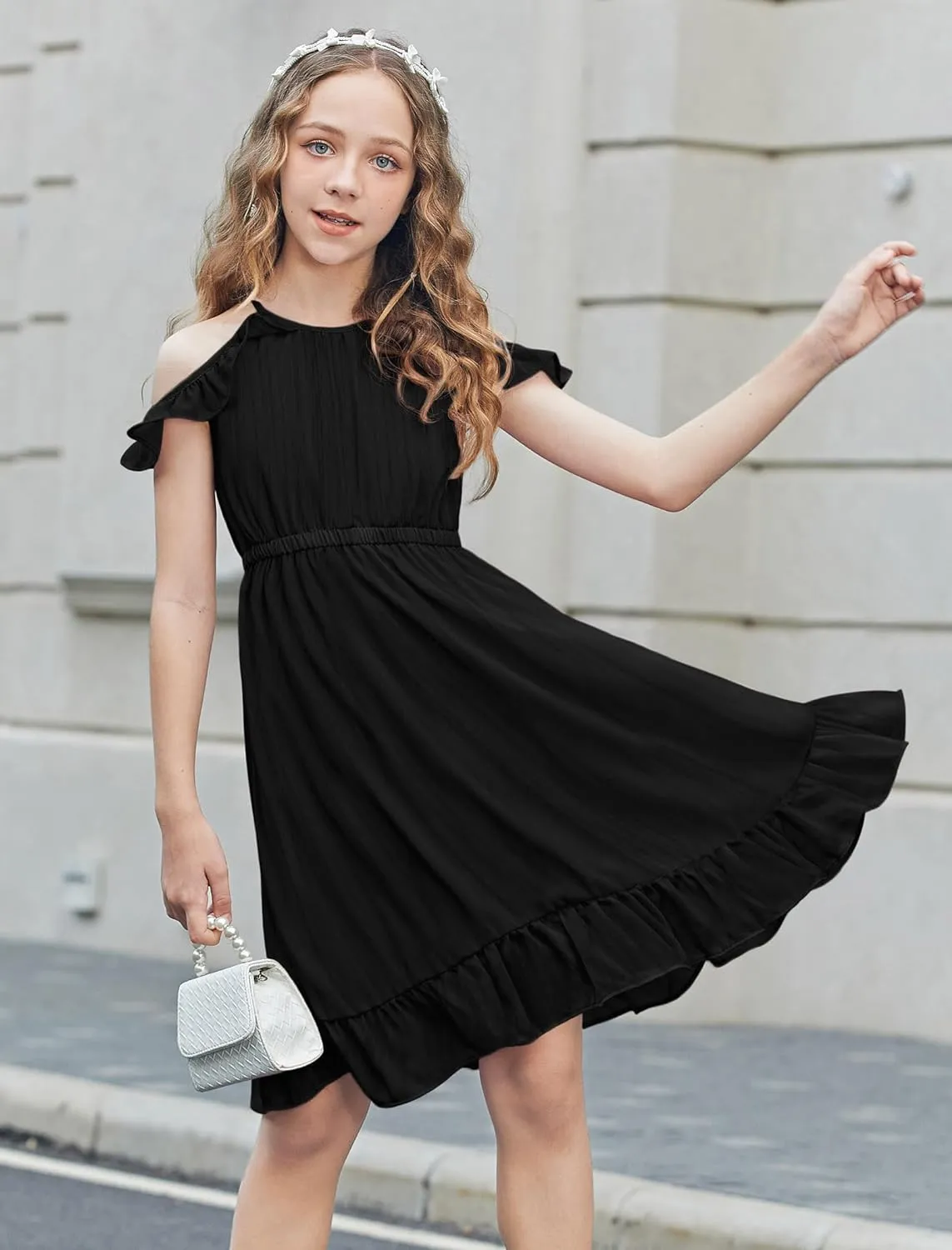 Arshiner Girls Summer Dress Casual Halter Neck Cold Shoulder Sundress
