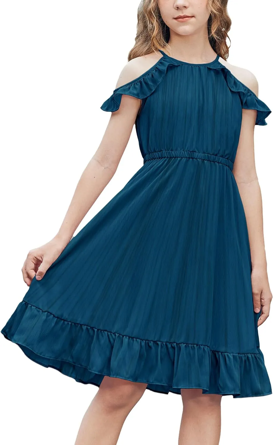 Arshiner Girls Summer Dress Casual Halter Neck Cold Shoulder Sundress