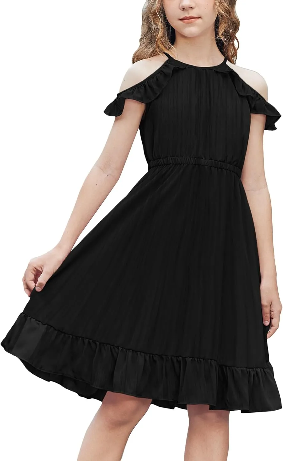 Arshiner Girls Summer Dress Casual Halter Neck Cold Shoulder Sundress