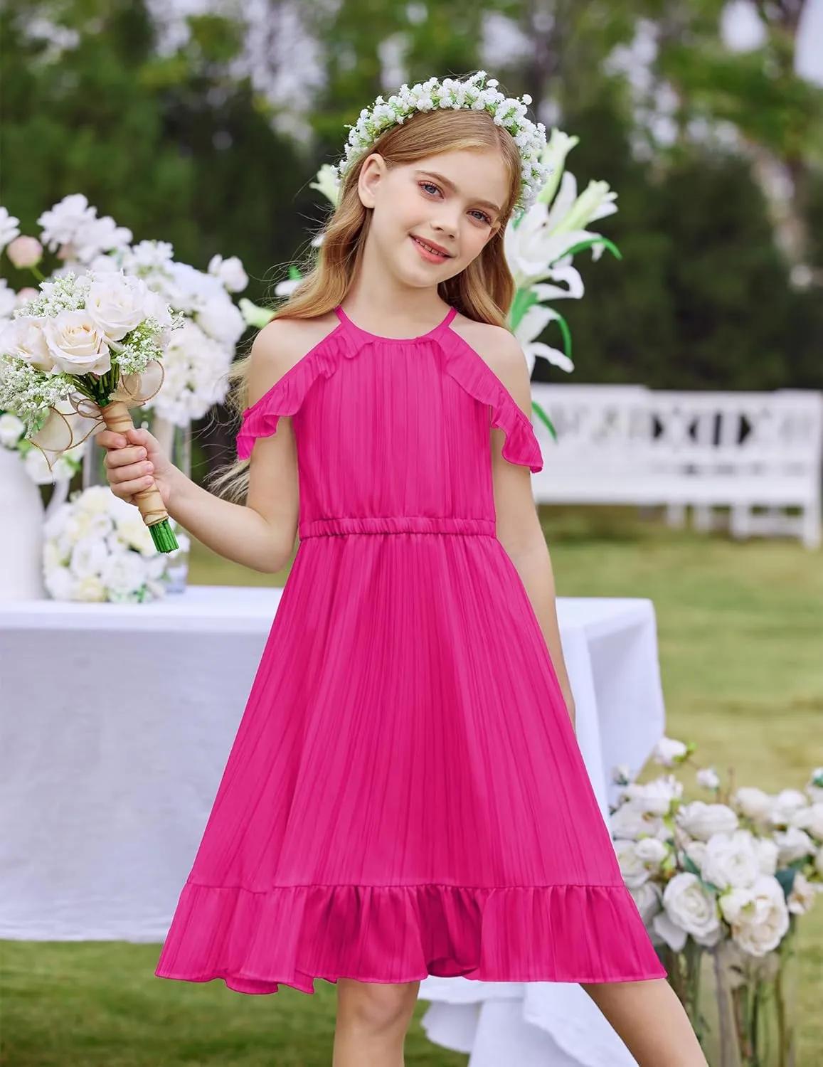 Arshiner Girls Summer Dress Casual Halter Neck Cold Shoulder Sundress