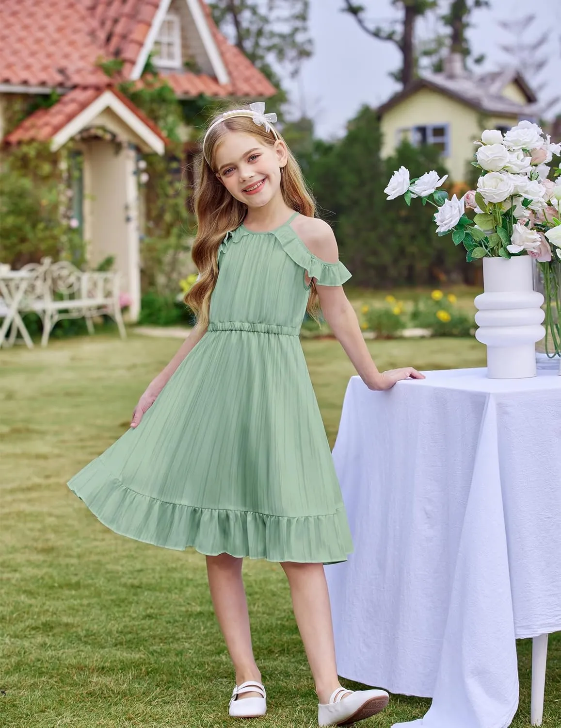 Arshiner Girls Summer Dress Casual Halter Neck Cold Shoulder Sundress