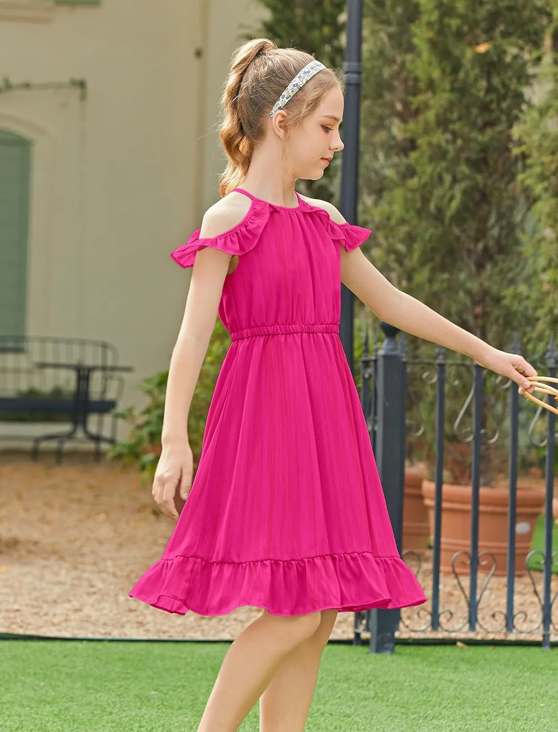Arshiner Girls Summer Dress Casual Halter Neck Cold Shoulder Sundress
