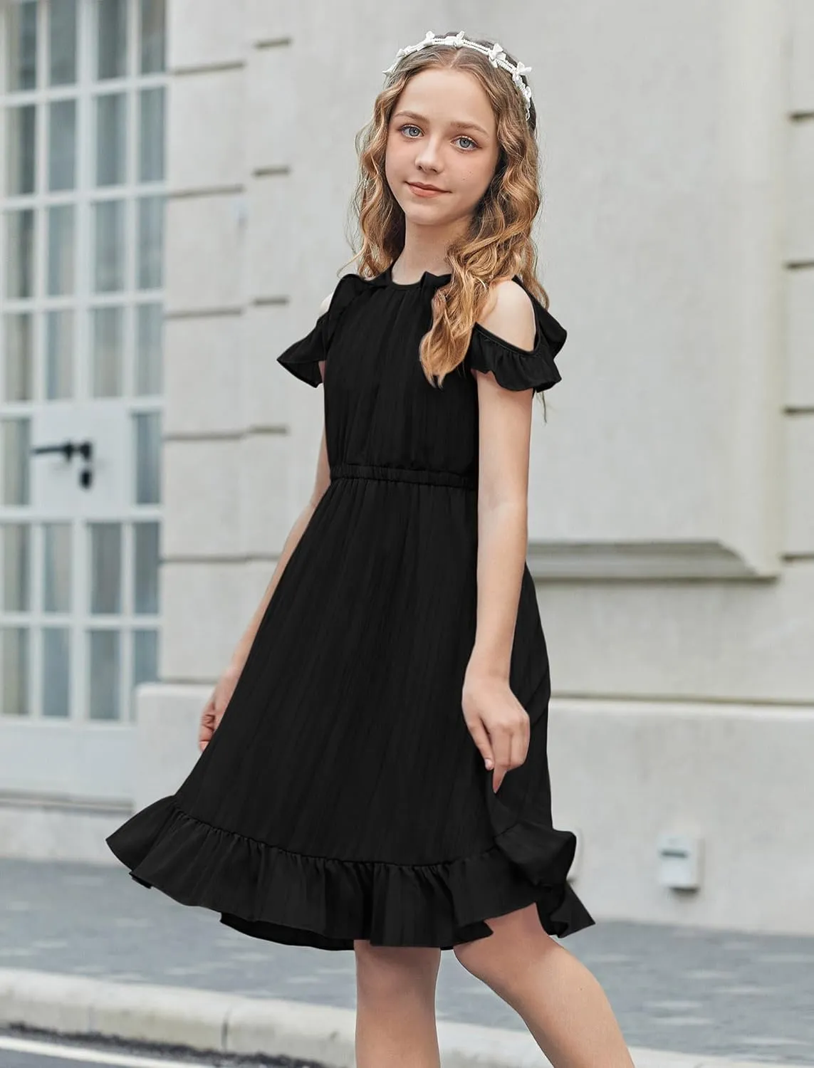 Arshiner Girls Summer Dress Casual Halter Neck Cold Shoulder Sundress