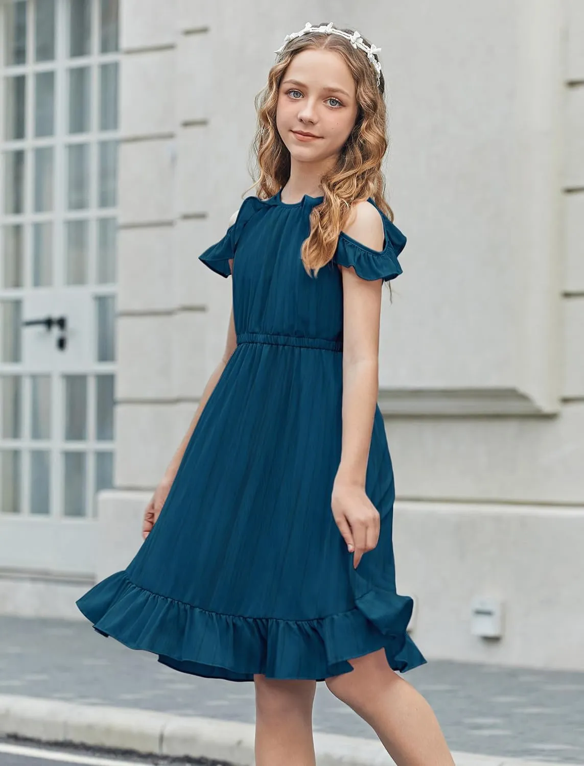 Arshiner Girls Summer Dress Casual Halter Neck Cold Shoulder Sundress