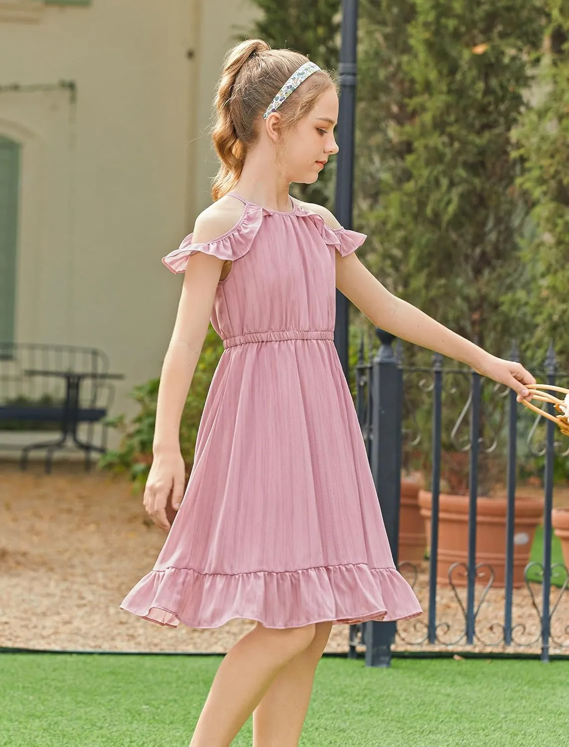 Arshiner Girls Summer Dress Casual Halter Neck Cold Shoulder Sundress