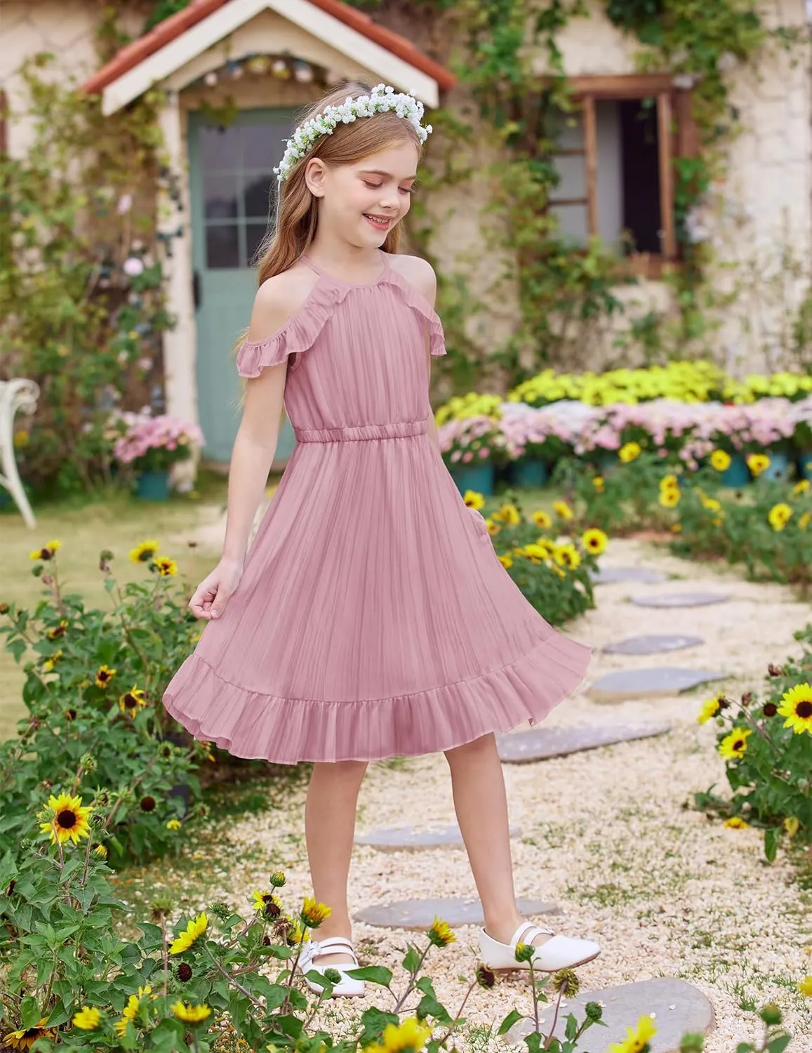 Arshiner Girls Summer Dress Casual Halter Neck Cold Shoulder Sundress