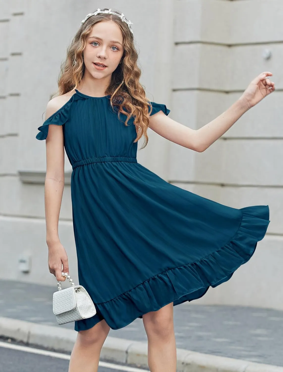 Arshiner Girls Summer Dress Casual Halter Neck Cold Shoulder Sundress