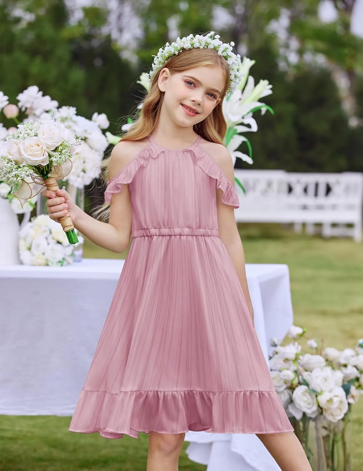 Arshiner Girls Summer Dress Casual Halter Neck Cold Shoulder Sundress