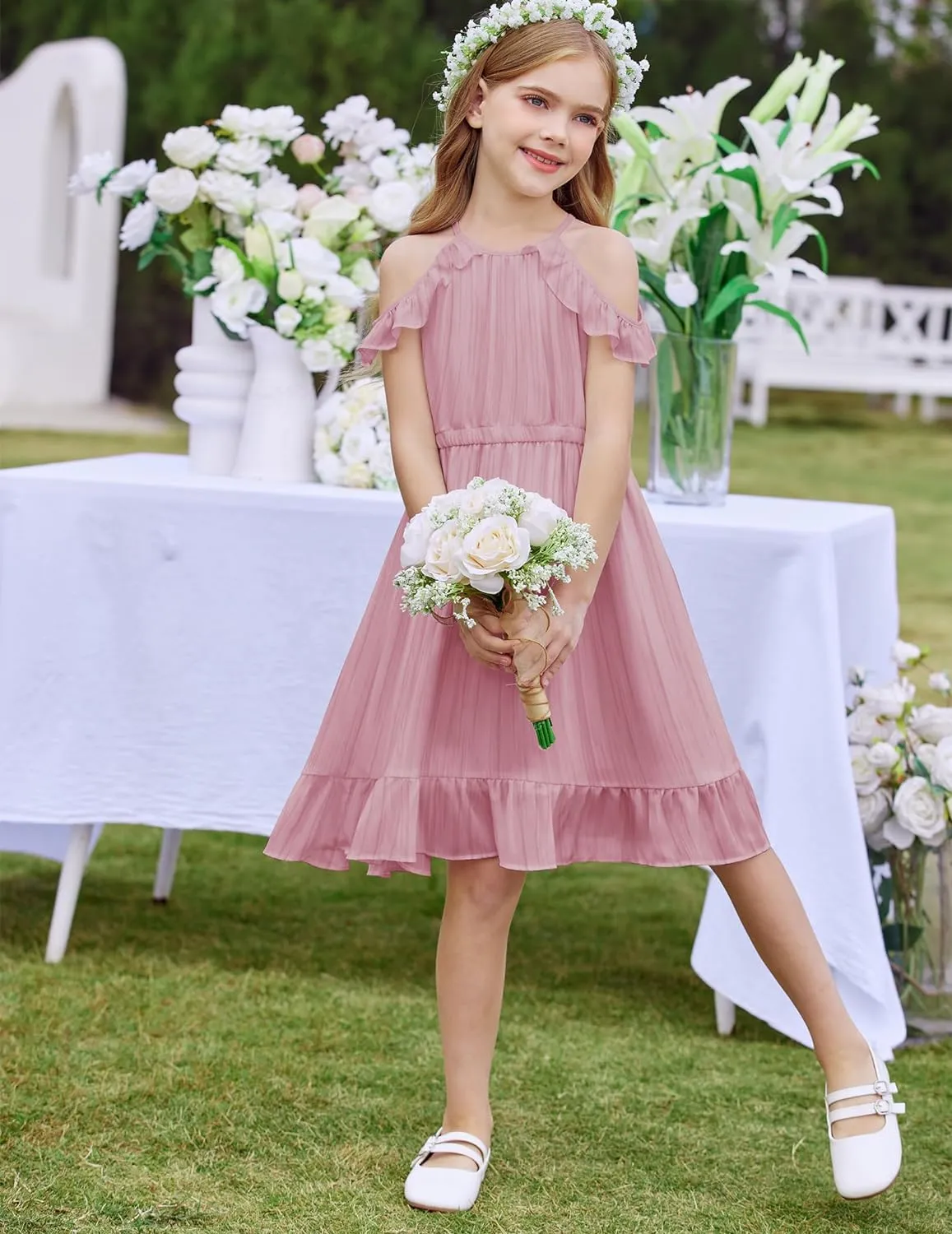 Arshiner Girls Summer Dress Casual Halter Neck Cold Shoulder Sundress