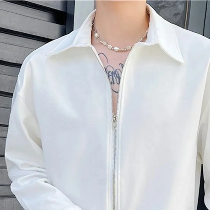 Autumn Men's Clothing Luxury Drooping Zipper Shirts Retro Premium Long-sleeved Solid Color Korean Popular Business Leisure