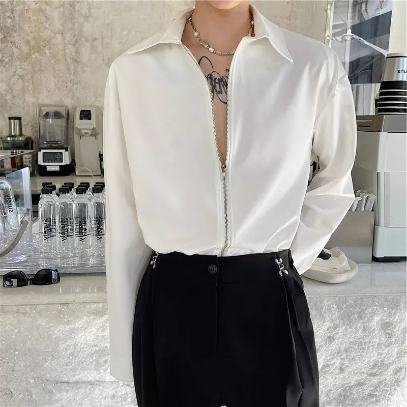 Autumn Men's Clothing Luxury Drooping Zipper Shirts Retro Premium Long-sleeved Solid Color Korean Popular Business Leisure