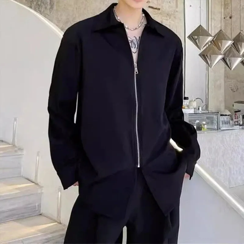 Autumn Men's Clothing Luxury Drooping Zipper Shirts Retro Premium Long-sleeved Solid Color Korean Popular Business Leisure