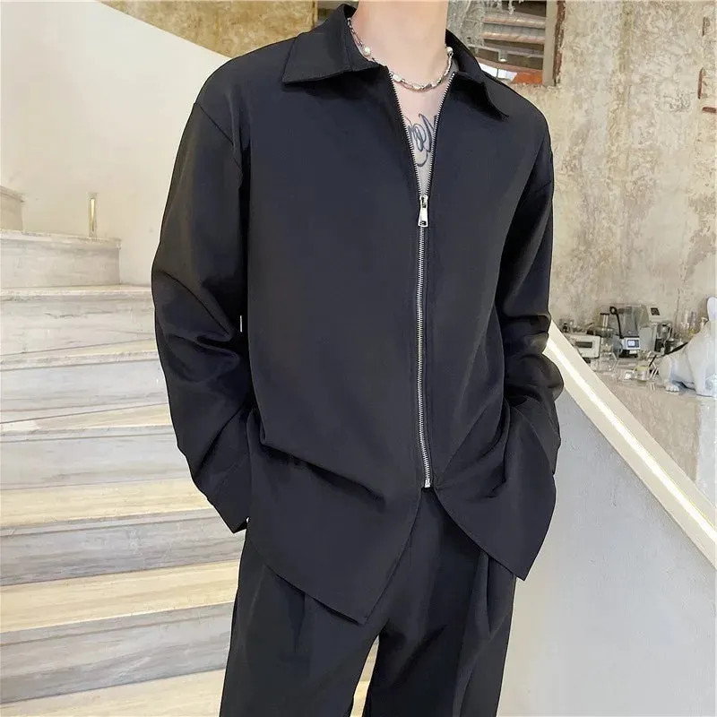 Autumn Men's Clothing Luxury Drooping Zipper Shirts Retro Premium Long-sleeved Solid Color Korean Popular Business Leisure