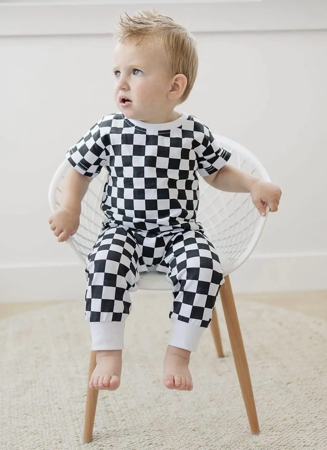 Baby Boy Neutral Checkerboard Oversized T Shirt Romper Shorts Jumpsuit Summer Outfit Trendy Clothes Cute Clothing