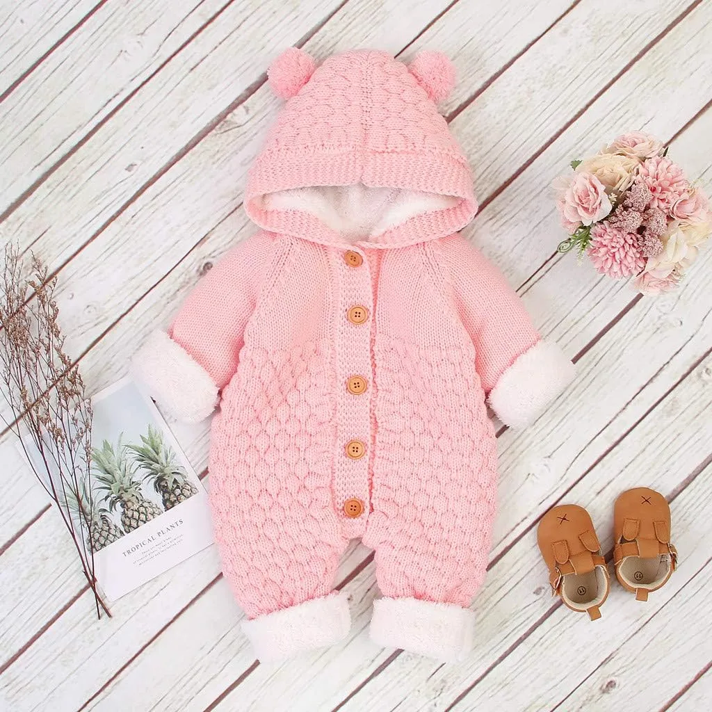 Baby Boys Girls Hooded Sweater Romper Cable Knit Long Sleeve Jumpsuit Infant Fleece Warm Sweaters Fall Winter Outfits