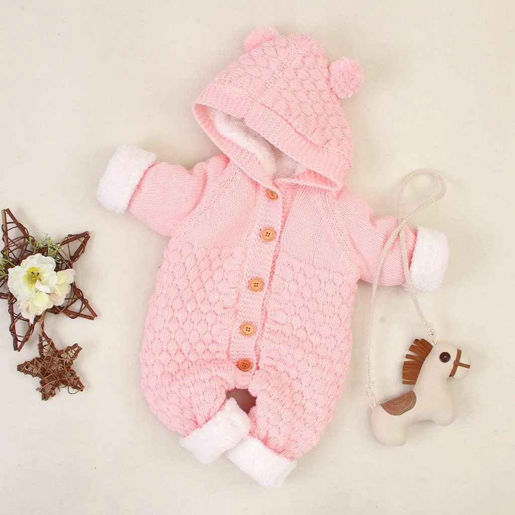 Baby Boys Girls Hooded Sweater Romper Cable Knit Long Sleeve Jumpsuit Infant Fleece Warm Sweaters Fall Winter Outfits