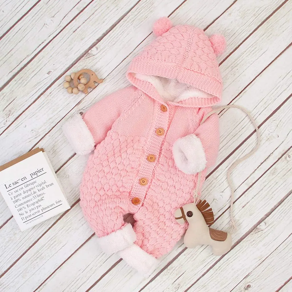 Baby Boys Girls Hooded Sweater Romper Cable Knit Long Sleeve Jumpsuit Infant Fleece Warm Sweaters Fall Winter Outfits