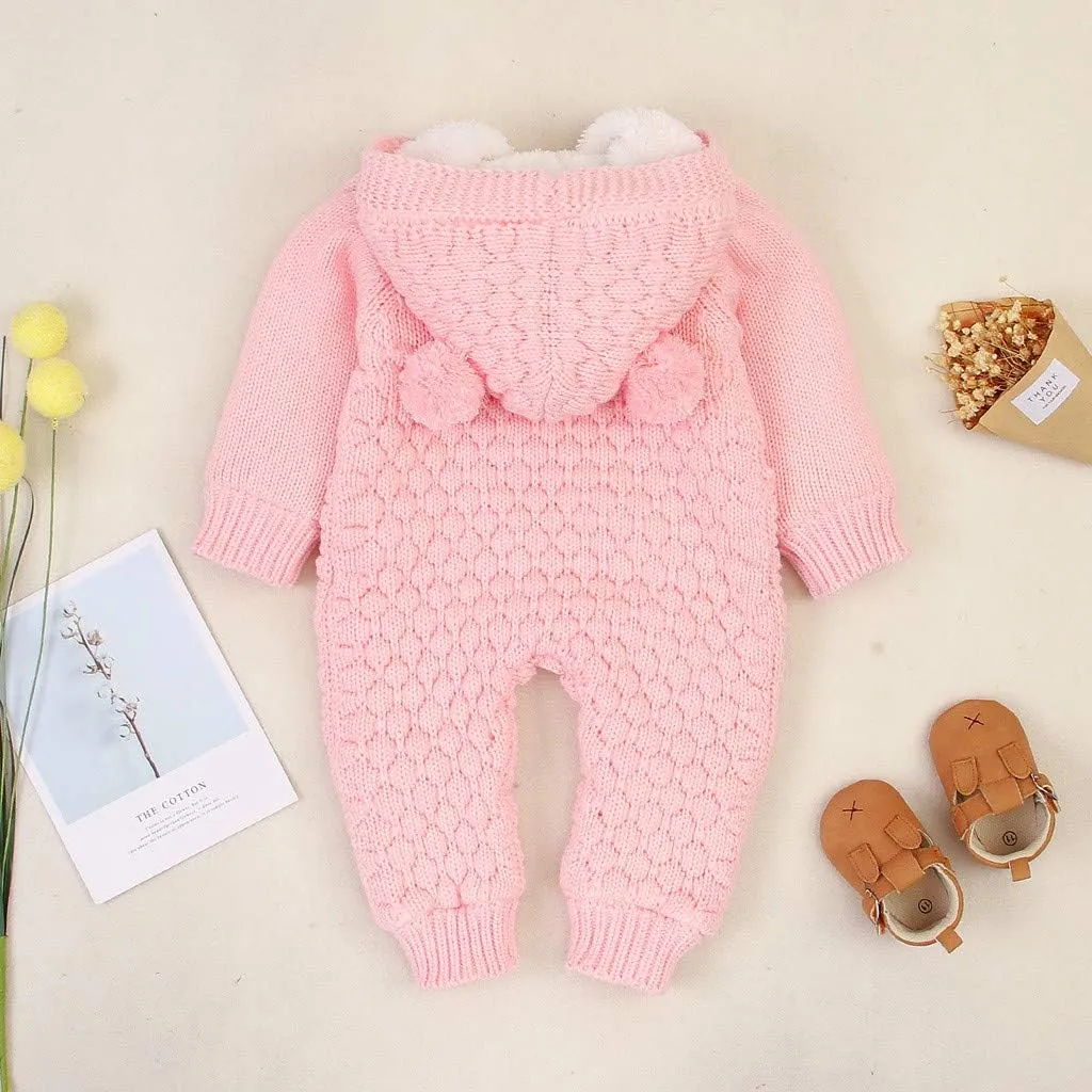 Baby Boys Girls Hooded Sweater Romper Cable Knit Long Sleeve Jumpsuit Infant Fleece Warm Sweaters Fall Winter Outfits