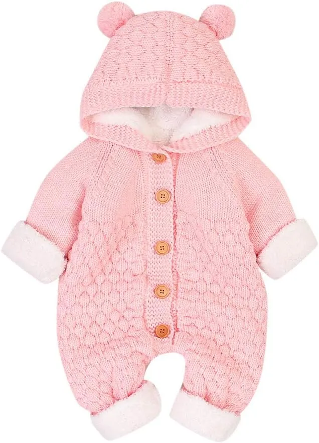 Baby Boys Girls Hooded Sweater Romper Cable Knit Long Sleeve Jumpsuit Infant Fleece Warm Sweaters Fall Winter Outfits