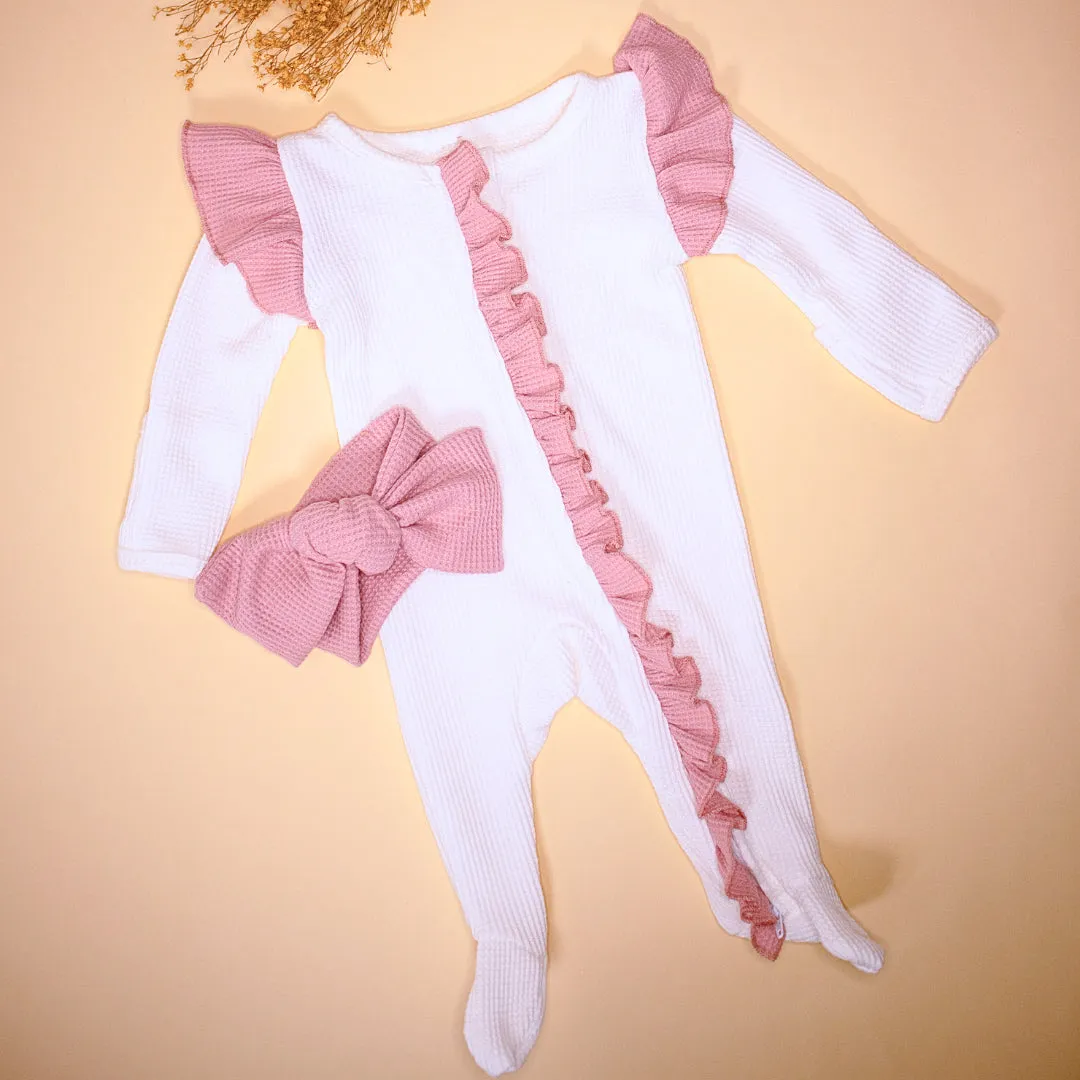 Baby Girl Ruffle Waffle Oensie/White and Rose