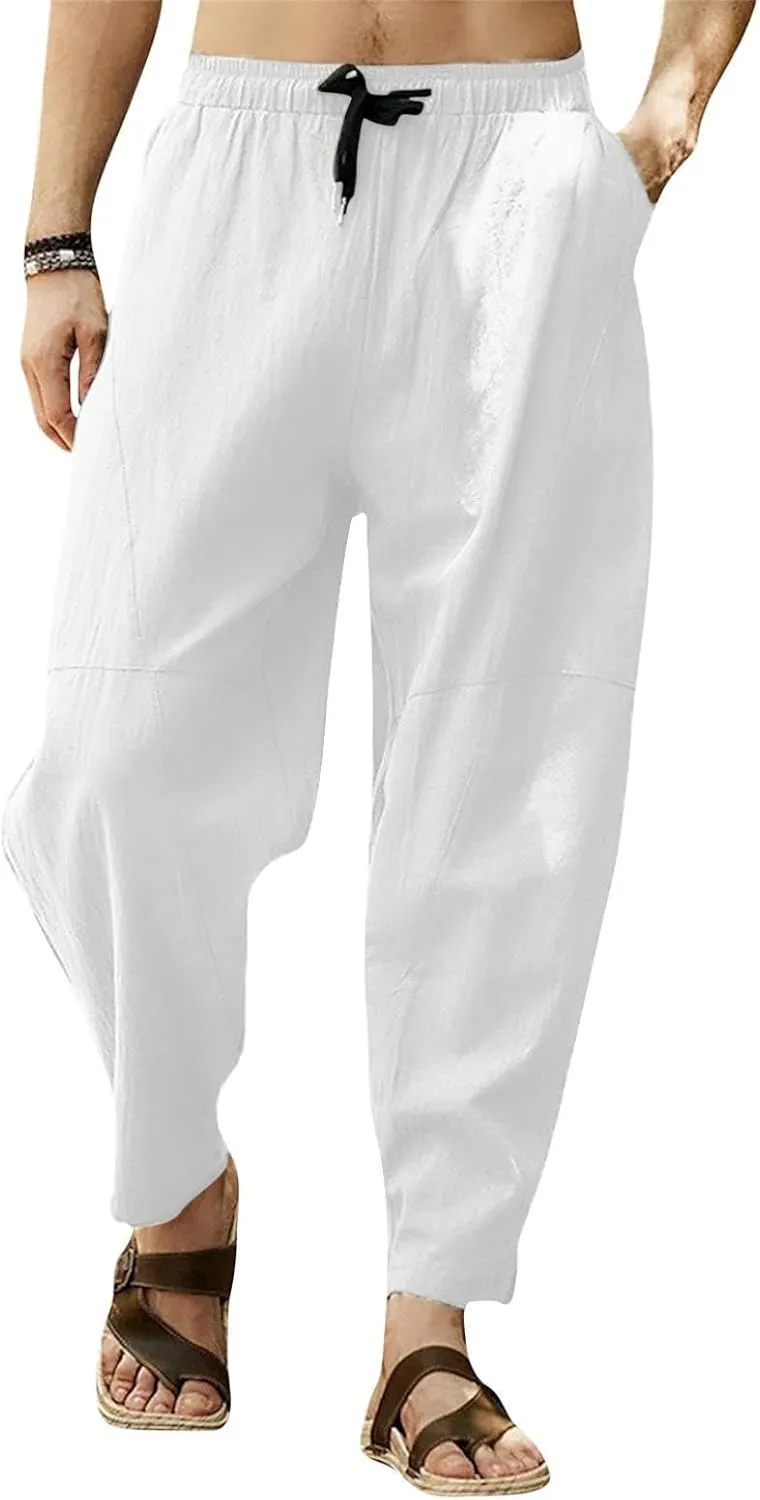 Baggy Pants for Men Trendy Cotton Linen Summer Beach Pants Casual Loose Lounge Cropped Harem Trousers with Pockets