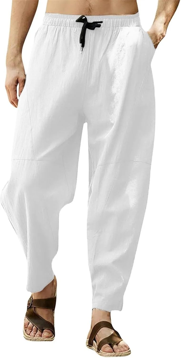 Baggy Pants for Men Trendy Cotton Linen Summer Beach Pants Casual Loose Lounge Cropped Harem Trousers with Pockets