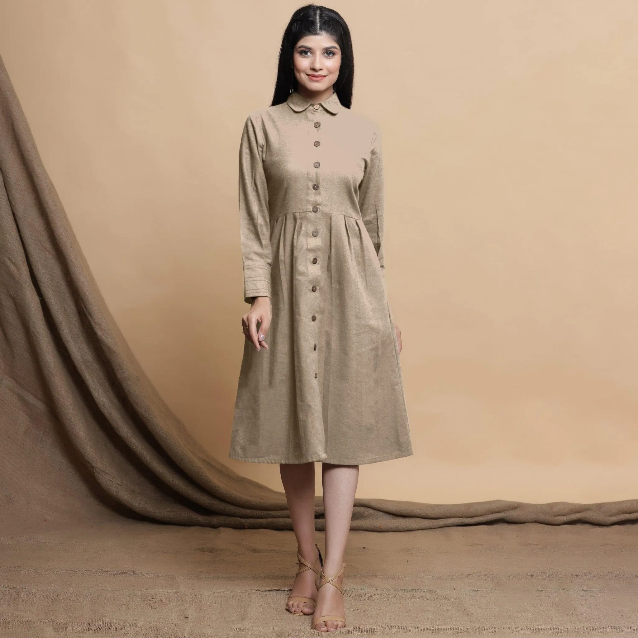 Beige Button Down Cotton Flax Knee Length Formal Dress