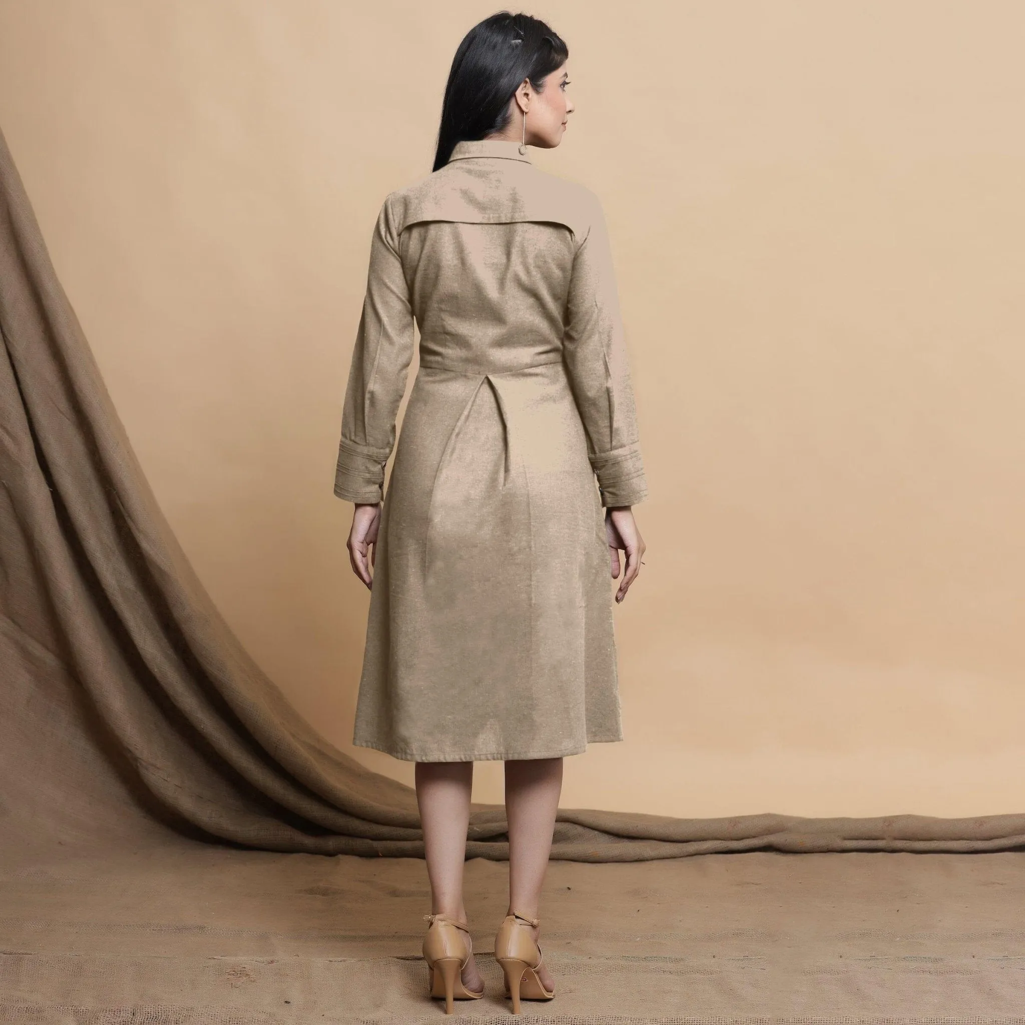 Beige Button Down Cotton Flax Knee Length Formal Dress