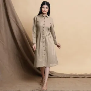 Beige Button Down Cotton Flax Knee Length Formal Dress