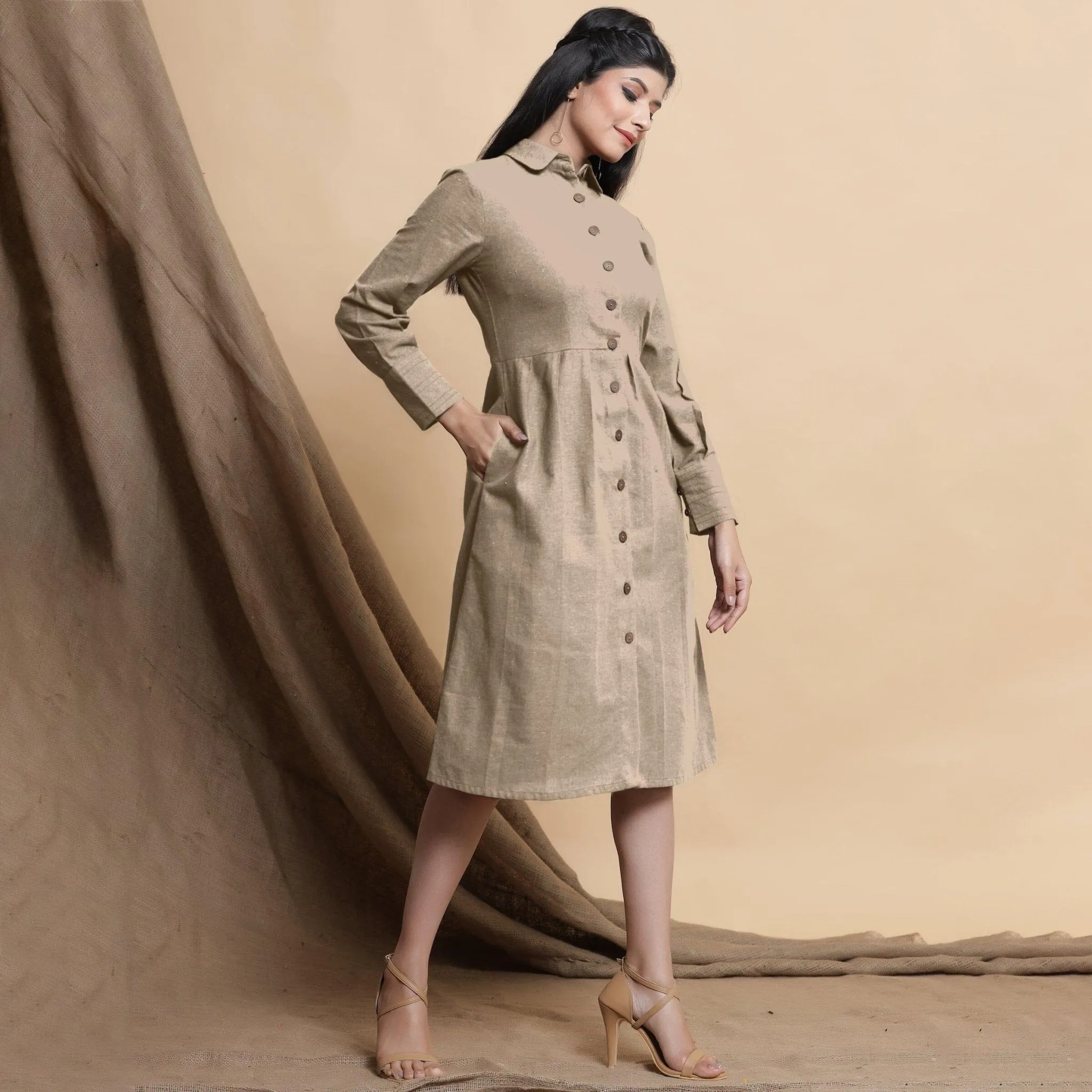 Beige Button Down Cotton Flax Knee Length Formal Dress