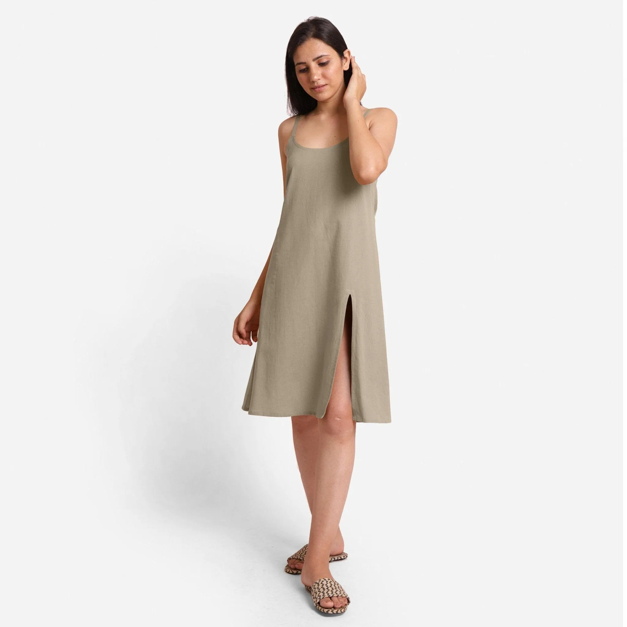 Beige Strappy Cotton Flax Knee Length Slit Dress