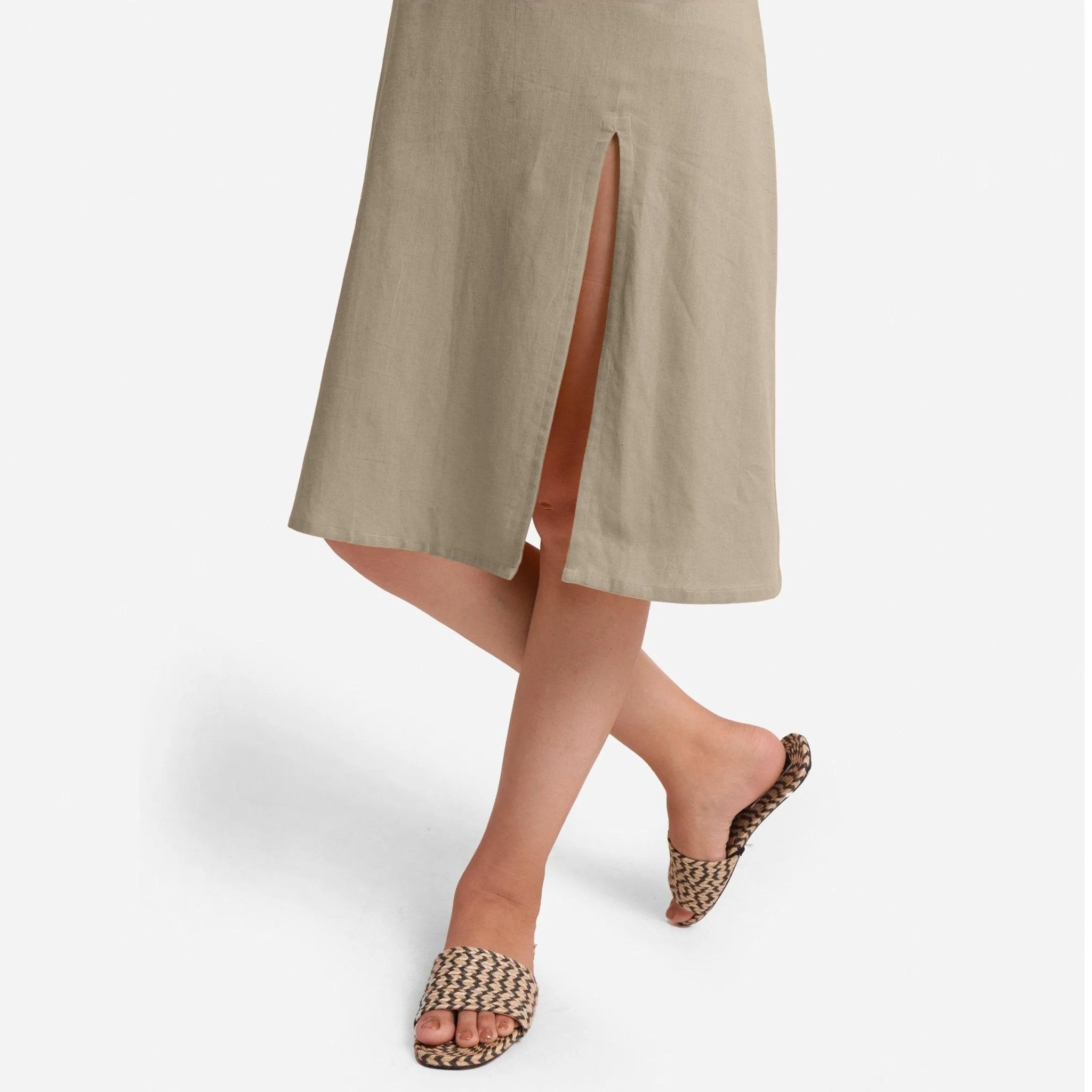Beige Strappy Cotton Flax Knee Length Slit Dress