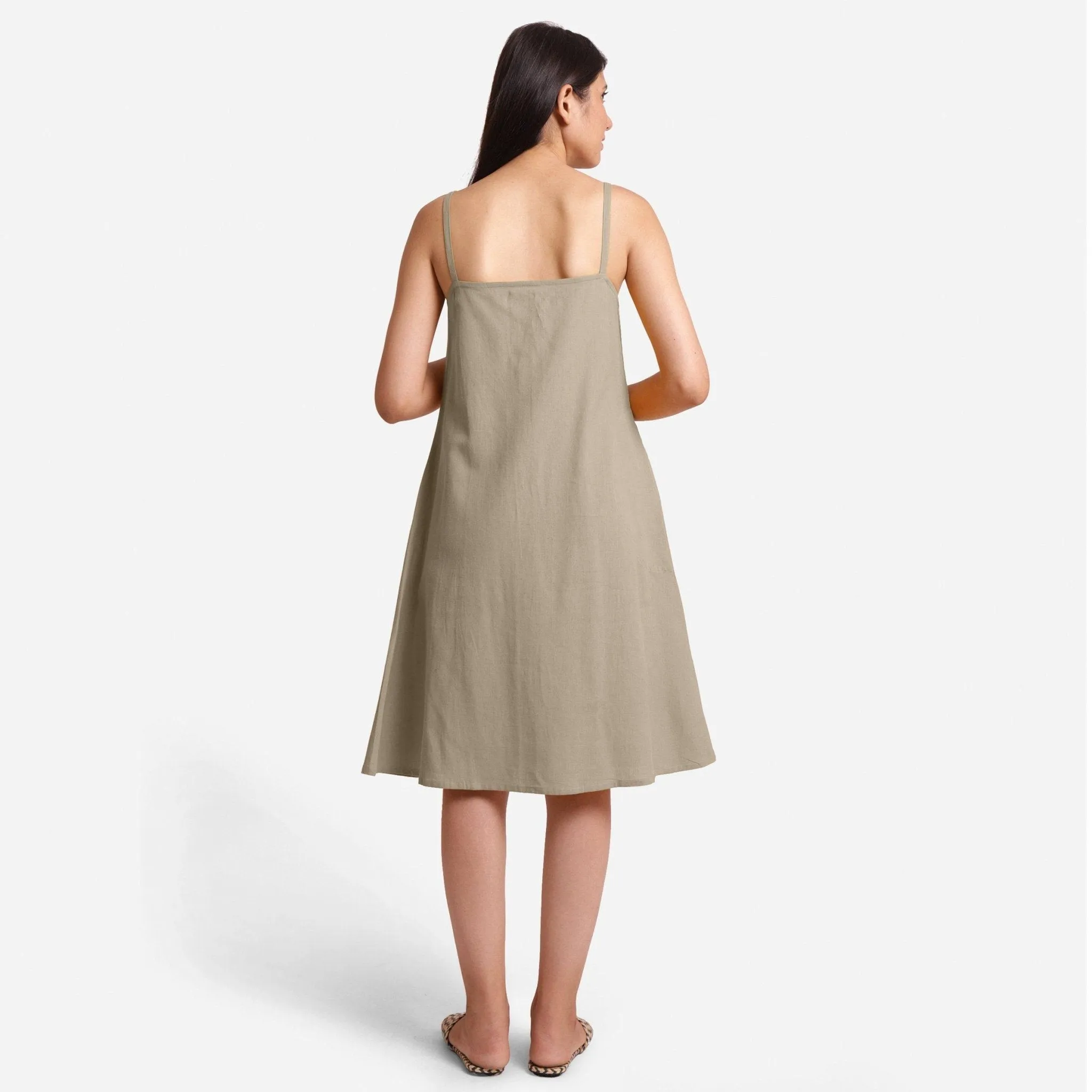 Beige Strappy Cotton Flax Knee Length Slit Dress
