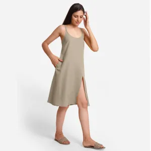 Beige Strappy Cotton Flax Knee Length Slit Dress