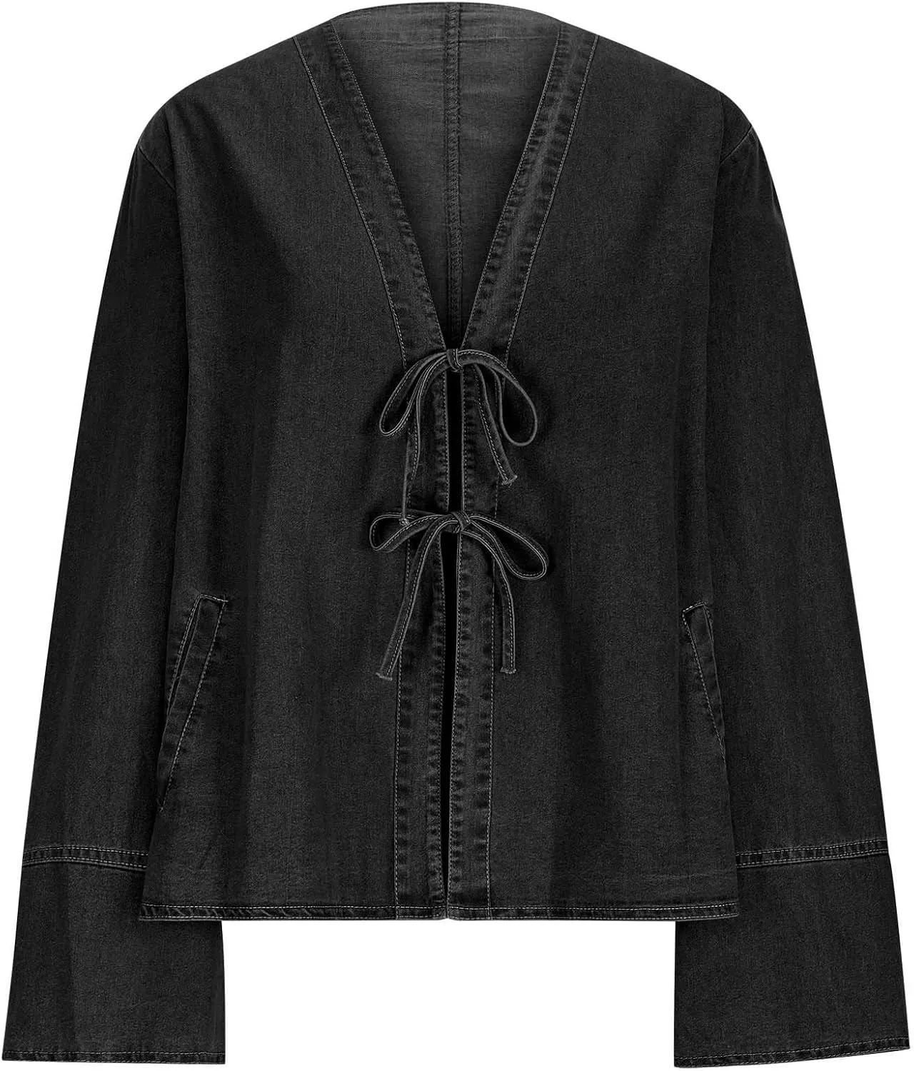 Binmer Tie Front Tops for Women Y2k Lightweight Denim Lace Up Shirt Casual Long Sleeve Open Front Cardigan Jacket with Pocket