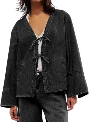 Binmer Tie Front Tops for Women Y2k Lightweight Denim Lace Up Shirt Casual Long Sleeve Open Front Cardigan Jacket with Pocket