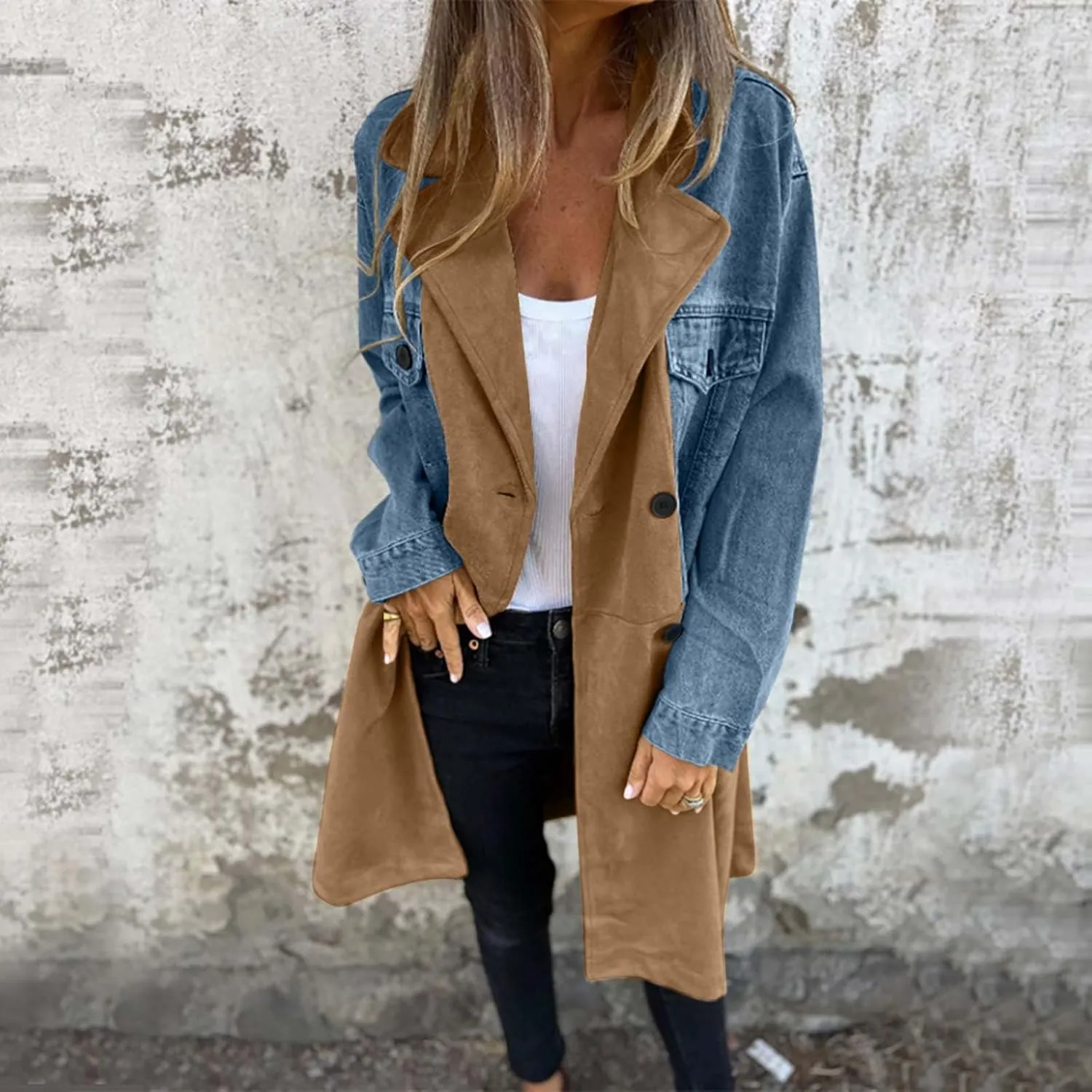 Binmer Women's Long Jean Jackets Colorblock Long Sleeve Notched Collar Coat Mid Length Button Down Denim Outwear with Pockets