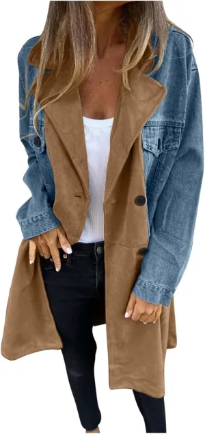 Binmer Women's Long Jean Jackets Colorblock Long Sleeve Notched Collar Coat Mid Length Button Down Denim Outwear with Pockets