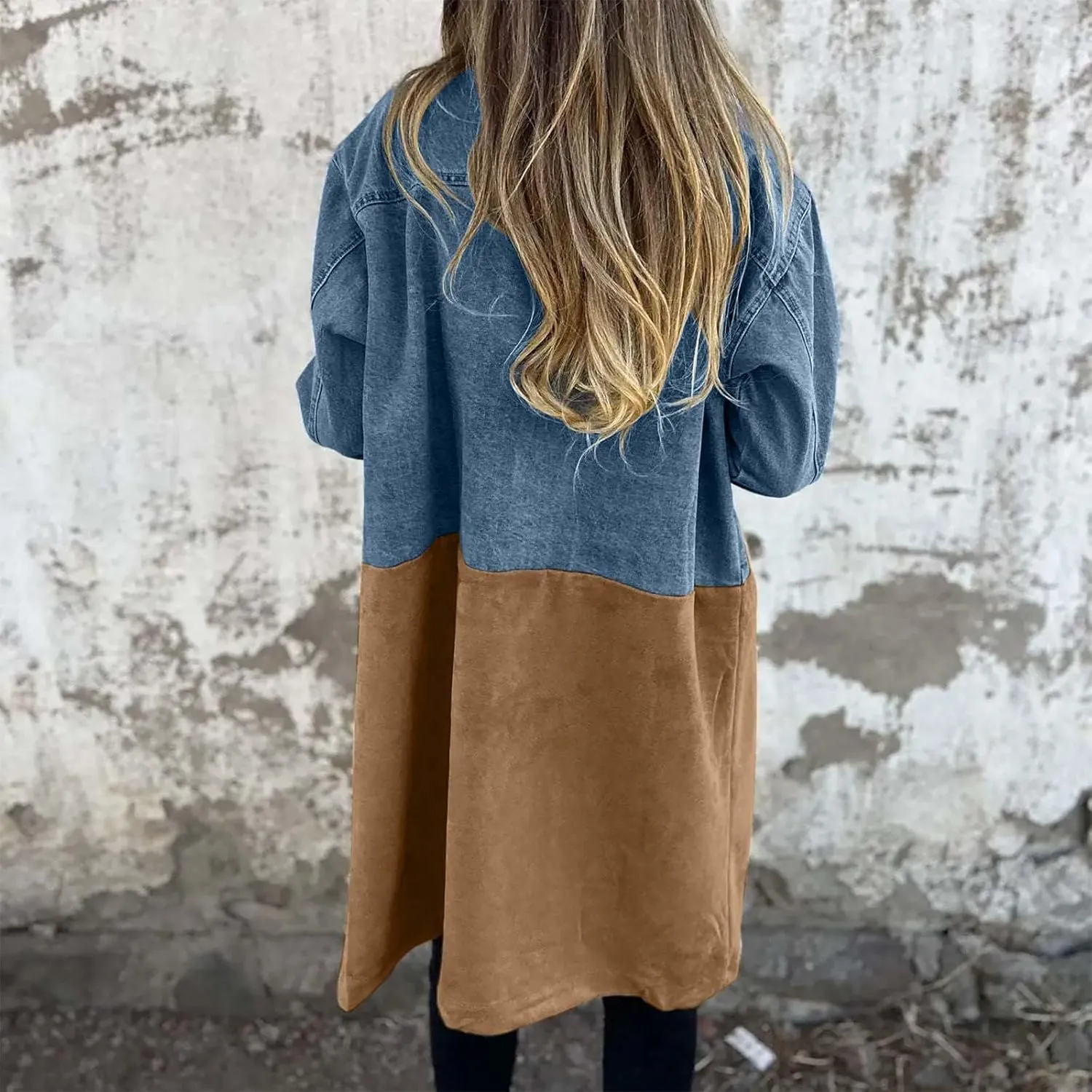 Binmer Women's Long Jean Jackets Colorblock Long Sleeve Notched Collar Coat Mid Length Button Down Denim Outwear with Pockets