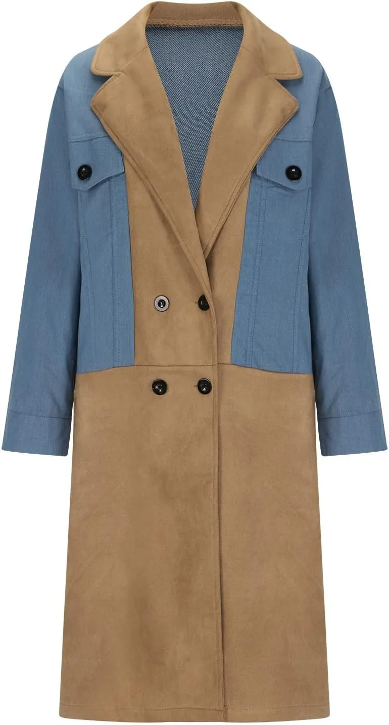 Binmer Women's Long Jean Jackets Colorblock Long Sleeve Notched Collar Coat Mid Length Button Down Denim Outwear with Pockets