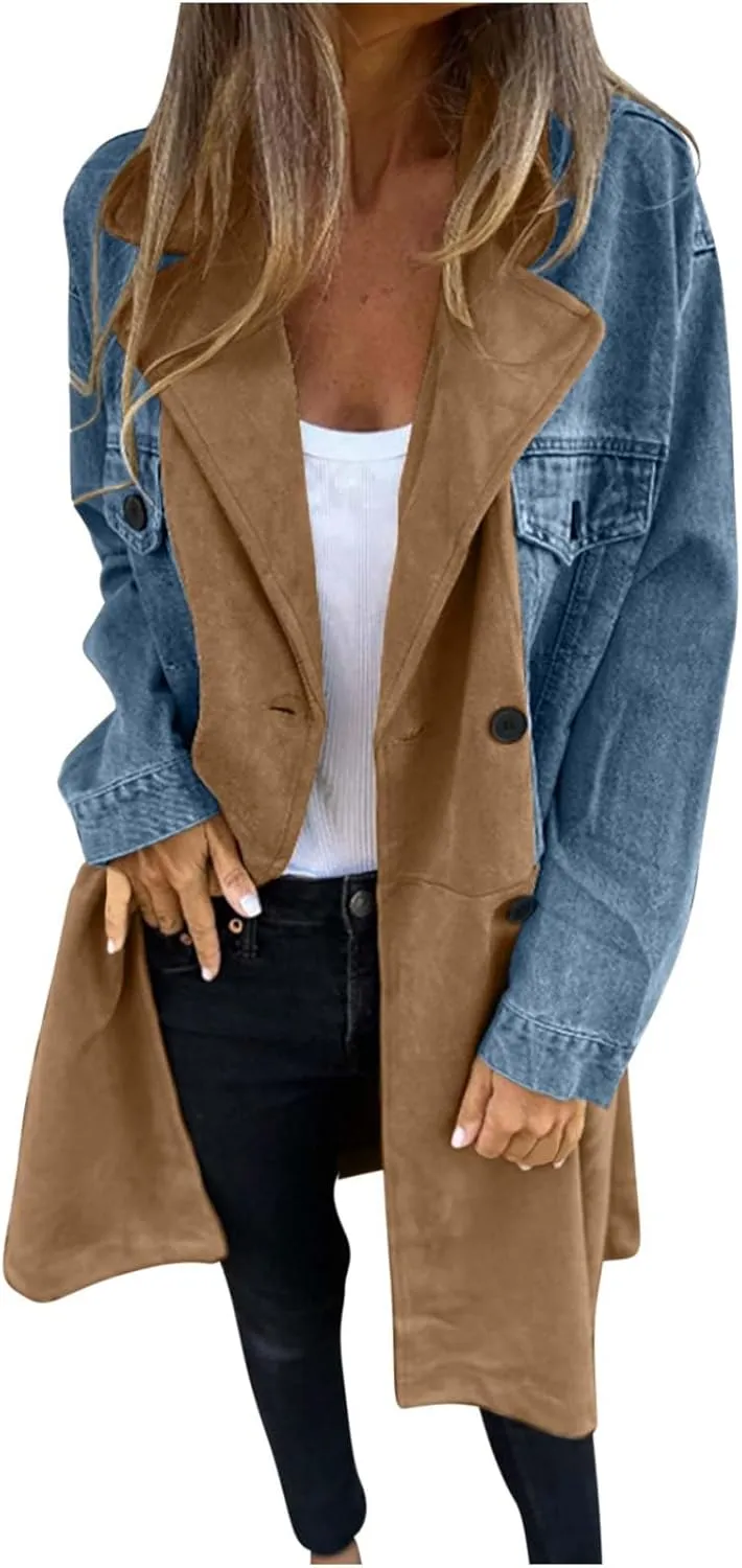 Binmer Women's Long Jean Jackets Colorblock Long Sleeve Notched Collar Coat Mid Length Button Down Denim Outwear with Pockets