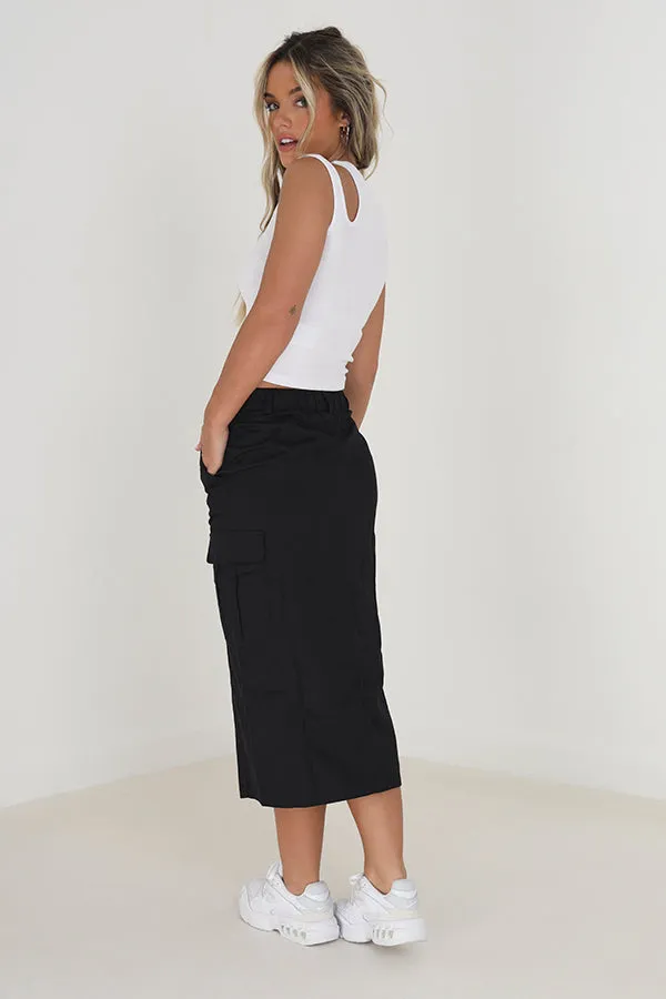 BLACK CARGO STYLE FRONT SLIT DETAIL MIDI SKIRT